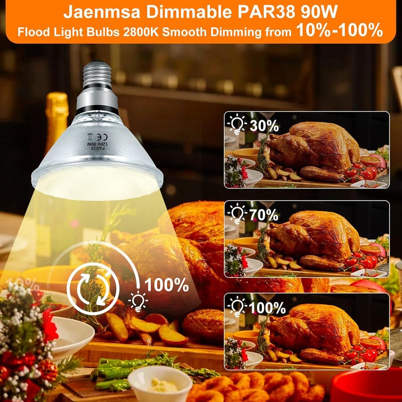 Jaenmsa 90 Watt Outdoor Floodlight Bulbs Par38, 120V 90W Halogen Flood Light Bulbs Dimmable, 2 Pack Indoor/Outdoor Floodlight Bulbs Soft White 2800K, Halogen Reptile Heating Bulbs E26 4050LM - Image 2
